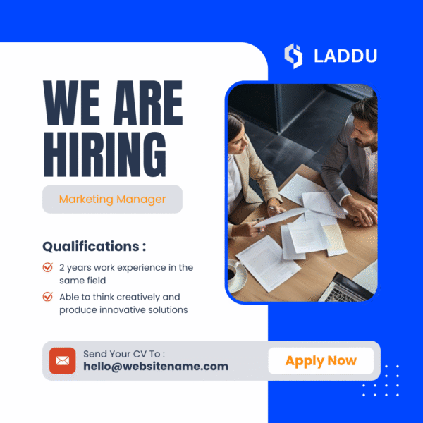 editable “we are hiring” canva template | marketing manager job post | modern blue hiring poster
