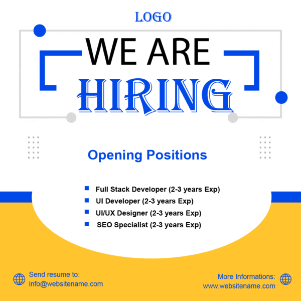 we are hiring svg poster | blue yellow job vacancy design | digital hiring flyer template for business and office use