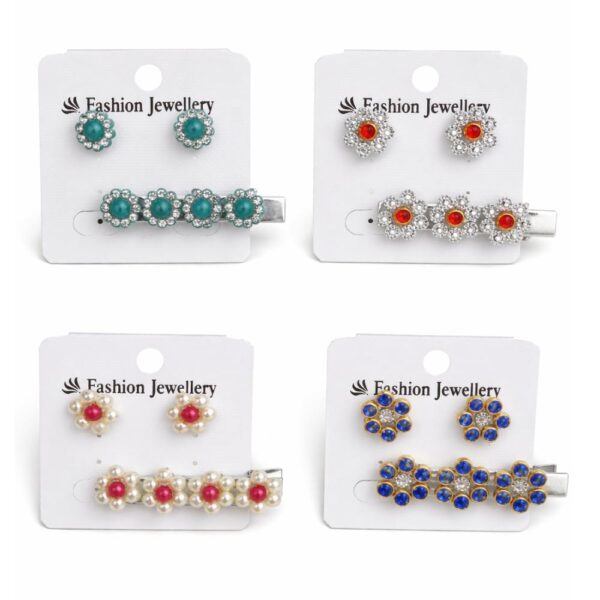 women’s floral stone stud earrings & alligator hair clip combo set | stylish hair accessories & matching jewellery | party & daily wear (multicolor)